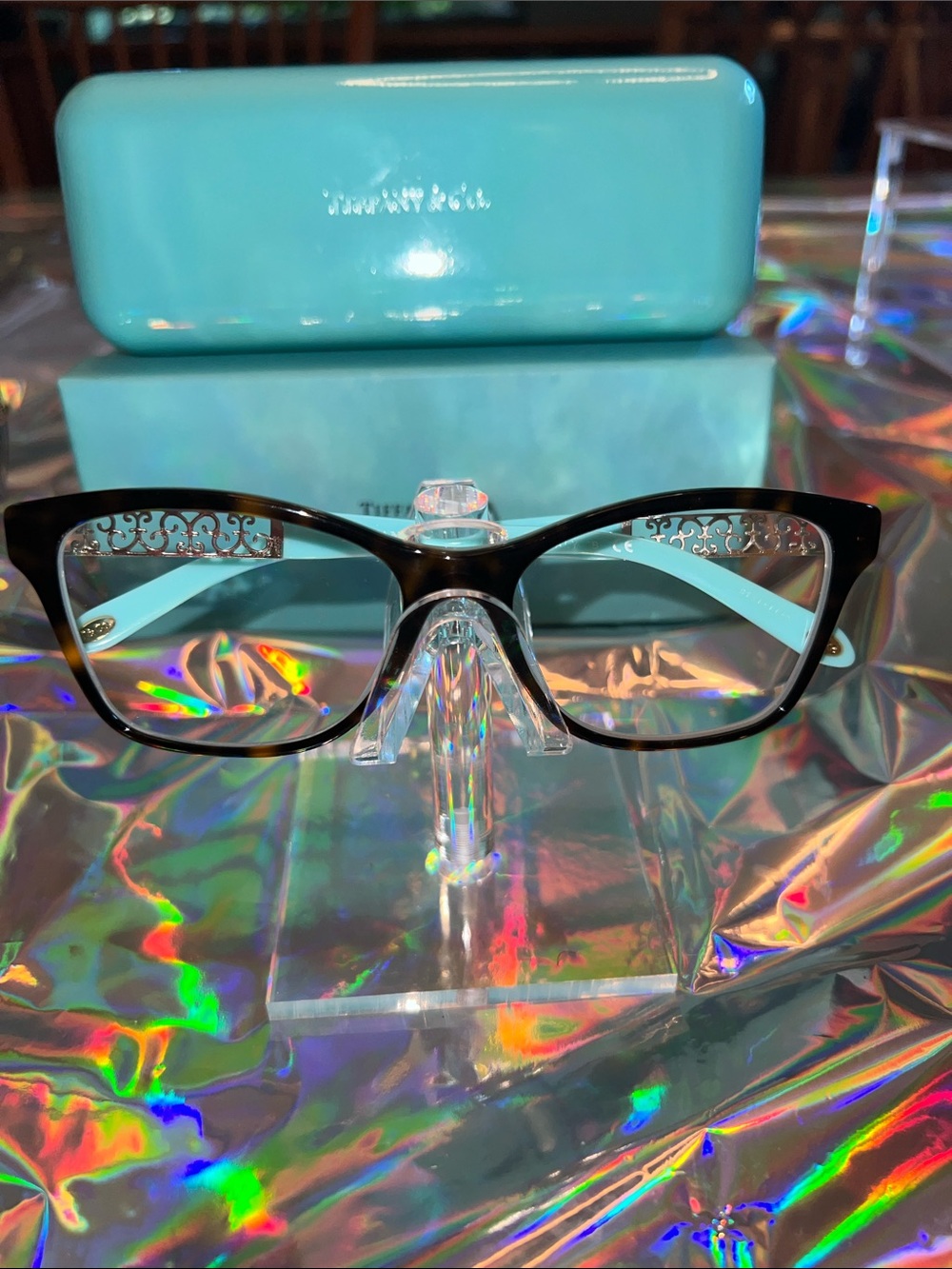 Tiffany & Co. Women's Black Cat-Eye Eyeglasses with Tiffany Blue Temples